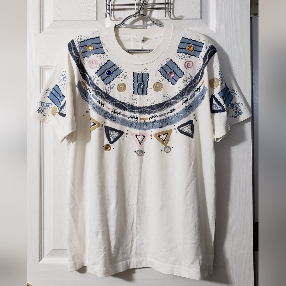 Vintage Women's Hand Crafted T-Shirt with Jewels, Puff Paint, & Paint Splatters